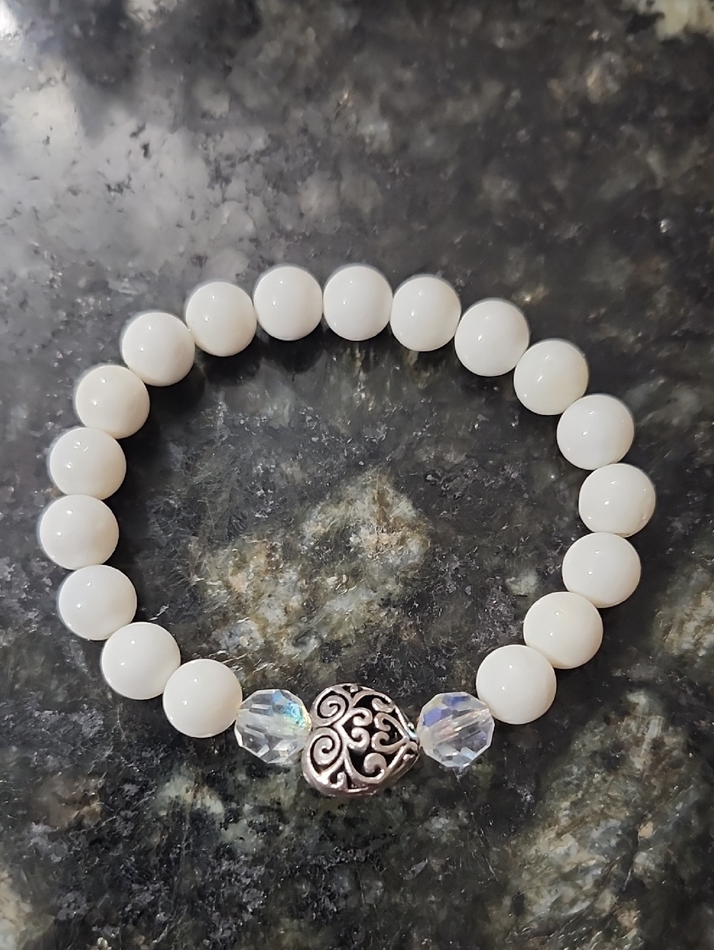 Handmade White Beaded Bracelet with Silver Heart Charm